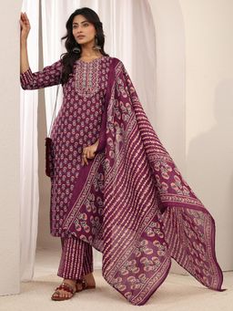 Gerua By Libas - Burgundy Floral Printed Straight Kurta with Pant & Dupatta