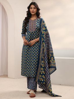 Gerua By Libas - Blue Floral Printed Straight Kurta with Pant & Dupatta
