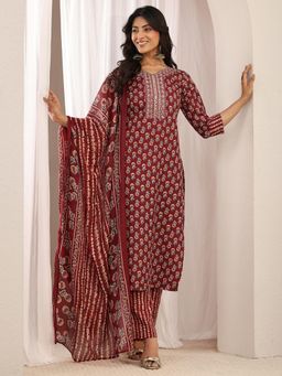 Gerua By Libas - Maroon Floral Printed Straight Kurta with Pant & Dupatta