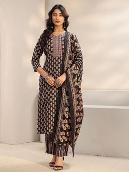 Gerua By Libas - Black Floral Printed Straight Kurta with Pant & Dupatta
