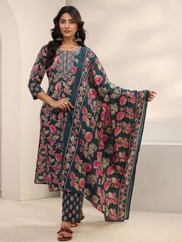 Gerua By Libas - Teal Floral Printed Straight Kurta with Pant & Dupatta