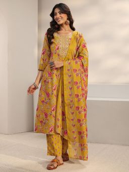 Gerua By Libas - Yellow Floral Printed Straight Kurta with Pant & Dupatta