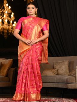 Beatitude - Pink Woven Patola Design Saree with Unstitched Blouse