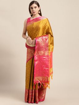 Vastranand - Mustard Yellow & Pink Ethnic Woven Zari Silk Blend Banarasi Saree with Unstitched Blouse