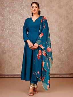 SANSKAR - Blue Angarkha with Palazzo and Printed Dupatta (Set of 3)