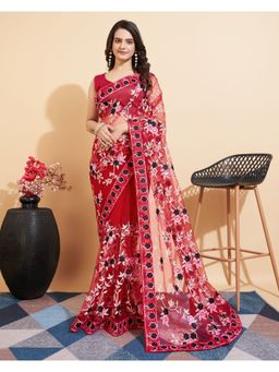 VAIRAGEE - Red Soft Net Embroidery Saree with Mono Banglory Unstitched Blouse