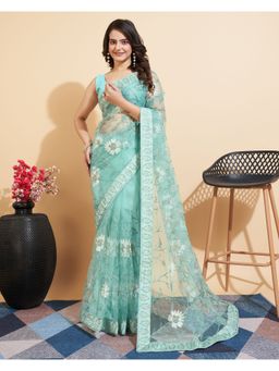 VAIRAGEE - Blue Soft Net Embroidery Saree with Mono Banglory Unstitched Blouse