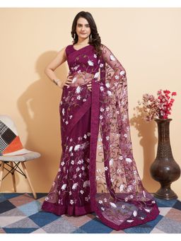 VAIRAGEE - Wine Soft Net Embroidery Saree with Mono Banglory Unstitched Blouse