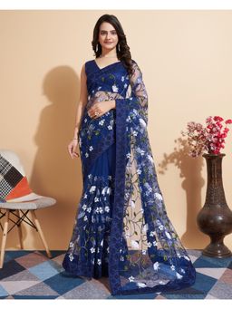 VAIRAGEE - Blue Soft Net Embroidery Saree with Mono Banglory Unstitched Blouse