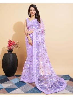 VAIRAGEE - Lavender Soft Net Embroidery Saree with Mono Banglory Unstitched Blouse