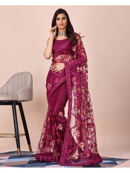 VAIRAGEE - Wine Soft Net Embroidery Saree with Mono Banglory Unstitched Blouse