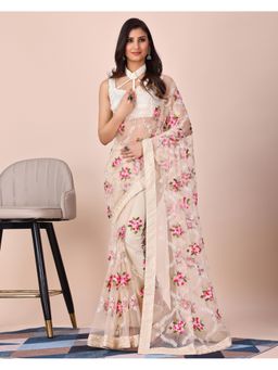 VAIRAGEE - Cream Soft Net Embroidery Saree with Mono Banglory Unstitched Blouse