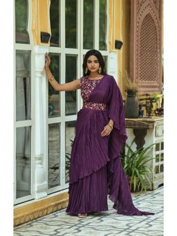 VAIRAGEE - Purple Soft Chinnon Saree with Cotton Blend Unstitched Blouse and Belt