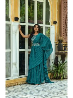 VAIRAGEE - Blue Soft Chinnon Saree with Cotton Blend Unstitched Blouse and Belt