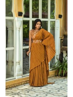 VAIRAGEE - Mustard Soft Chinnon Saree with Cotton Blend Unstitched Blouse and Belt