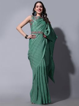 VAIRAGEE - Green Soft Chinnon Saree with Cotton Blend Unstitched Blouse and Belt