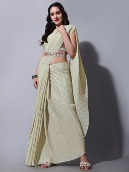 VAIRAGEE - Cream Soft Chinnon Saree with Cotton Blend Unstitched Blouse and Belt