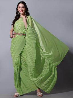 VAIRAGEE - Green Soft Chinnon Saree with Cotton Blend Unstitched Blouse and Belt