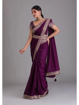 VAIRAGEE - Wine Soft Chinnon Saree with Heavy Banglory Unstitched Blouse and Belt