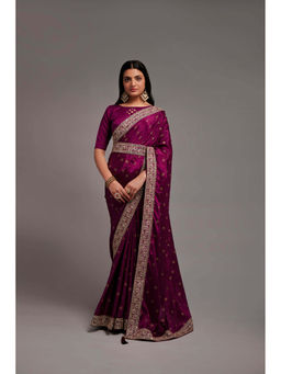 VAIRAGEE - Wine Soft Chinnon Saree with Heavy Banglory Unstitched Blouse and Belt