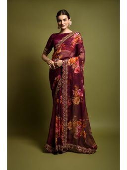 VAIRAGEE - Wine Soft Georgette Saree with Heavy Banglory Unstitched Blouse