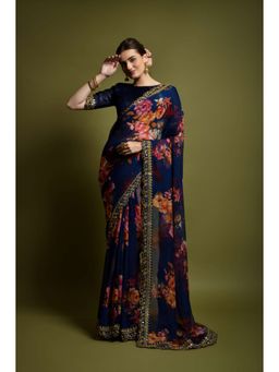 VAIRAGEE - Navy Blue Soft Georgette Saree with Heavy Banglory Unstitched Blouse