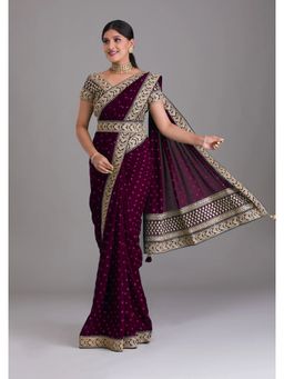 VAIRAGEE - Wine Soft Chinnon Saree with Heavy Banglory Unstitched Blouse and Belt