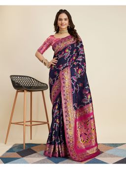 VAIRAGEE - Navy Blue Banarasi Weaving Silk Saree & Banarasi Silk Unstitched Blouse