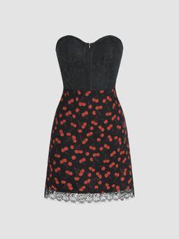 Cider - Cherry Print Lace Trim Tube Mini Dress