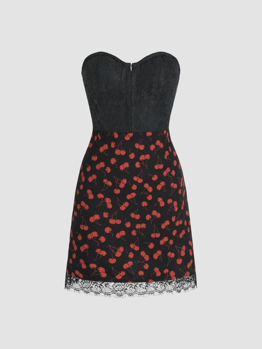 Buy Cider Cherry Print Lace Trim Tube Mini Dress Online