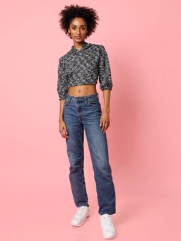 Campus Sutra - Womens Cotton Black Textured Regular Fit Cropped Hoodie Sweatshirt