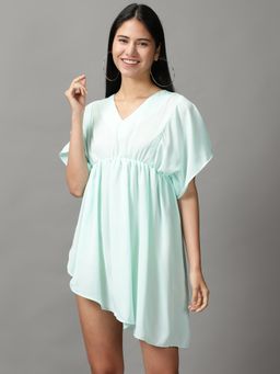 SHOWOFF - Womens V-Neck Above Knee Sea Green Solid Dress