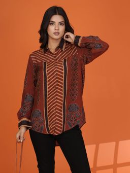 KAFTANIZE - Rust Color Floral Printed Asymmetric Hem Shirt