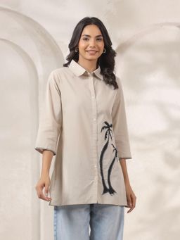 KAFTANIZE - Blanket Stitched Black Palm Tree Motif Patch Shirt