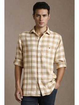 Louis Philippe - Men Beige Check Full Sleeves Casual Shirt