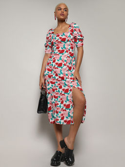 PINACOLADA - Womens Crimson Multi-Color Rose Cluster Dress