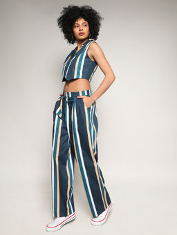 PINACOLADA - Womens Prussian Blue Striped Co-Ord (Set of 2)