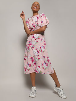 PINACOLADA - Womens Baby Pink Flora Dress with Slit