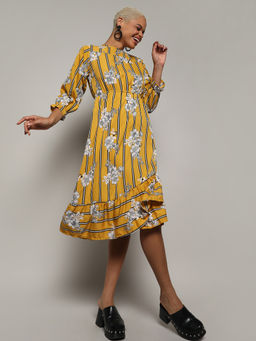 PINACOLADA - Womens Mustard Botanical Striped Dress