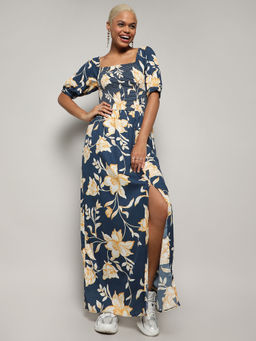 PINACOLADA - Womens Navy Blue Botanical Maxi Dress with Slit