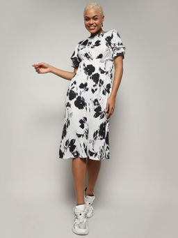 PINACOLADA - Womens Ivory & Midnight Black Flower Dress with Slit