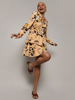 PINACOLADA - Womens Pale Mustard Roses Mini Dress
