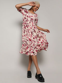 PINACOLADA - Womens Pink Floral Print Dress with Ruffle Detail