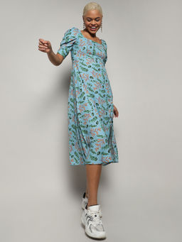 PINACOLADA - Womens Blue Botanical Print Dress with Slit