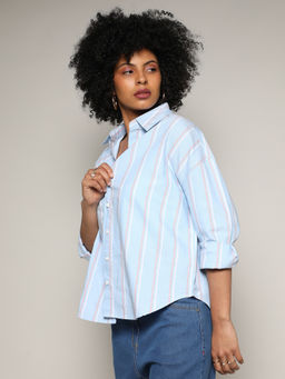 PINACOLADA - Womens Baby Blue Contrast Striped Boxy Shirt