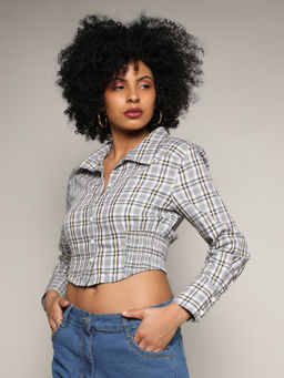 PINACOLADA - Womens Olive Green Tartan Plaid Cinched Cropped Shirt