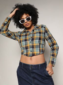 PINACOLADA - Womens Multi-Color Tartan Plaid Cinched Cropped Shirt