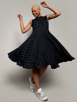 PINACOLADA - Womens Midnight Black Tie-Up Neck Polka Dot Dress