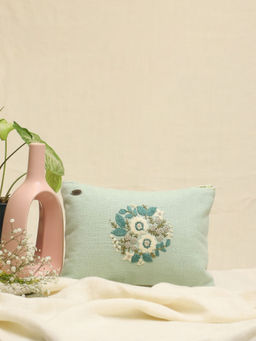 Design Gaatha - Mint Green Hand Embroidered Pure Linen Utility Pouch with Lining & Zip