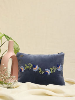 Design Gaatha - Dark Bluish Grey Hand Embroidered Velvet Utility Pouch with Lining & Zip